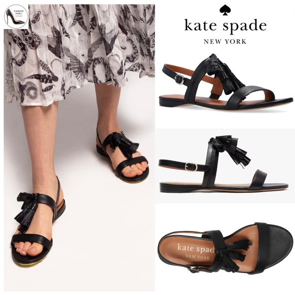 KATE SPADE NEW YORK LA DANSE Black Leather Tassel Flat Ankle Strap Sandals 6.5 - Picture 1 of 16